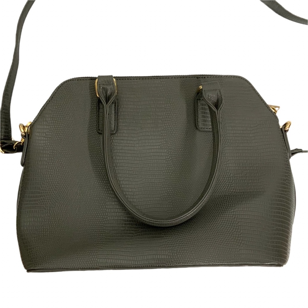 Crossi Gray Faux Alligator Satchel Handbag – Gold Hardware, Detachable Strap